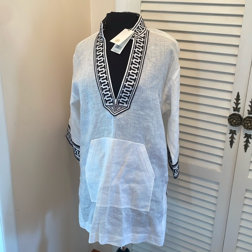 NWT Tory Burch top /tunic/beach 100% linen M embroidered white /navy